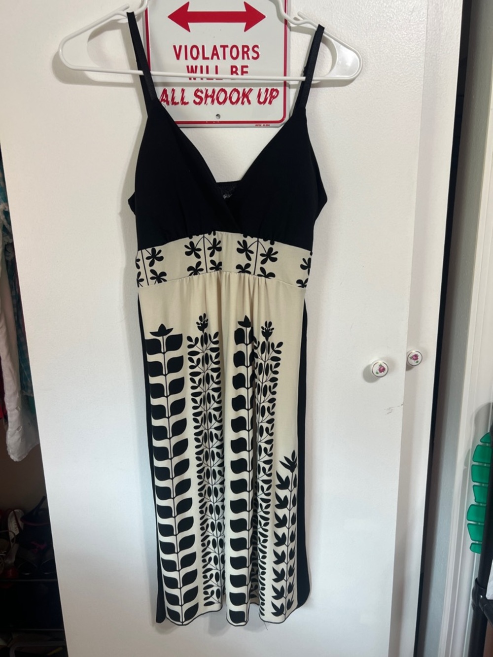 Sleeveless Black and Cream Floral-Panel Midi Dress